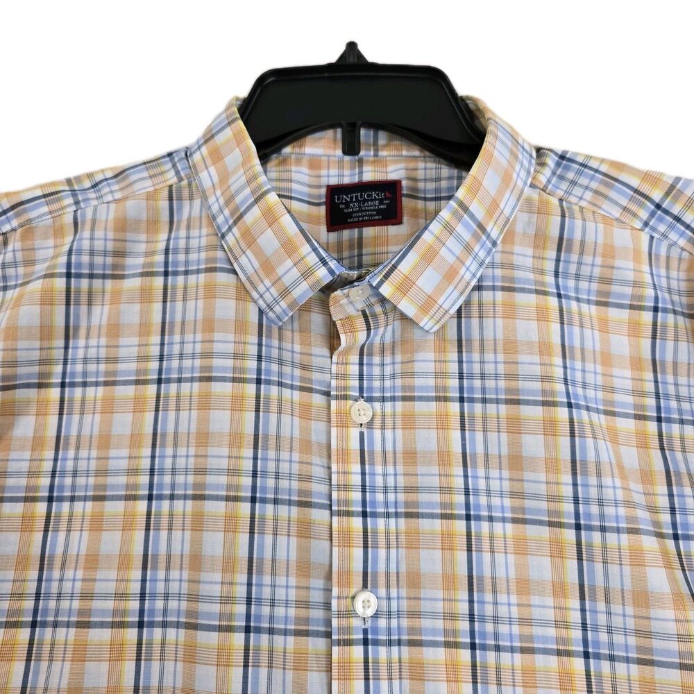 Untuckit Shirt Mens 2XL Tall Orange Blue Plaid Slim Fit Wrinkle Free Cotton